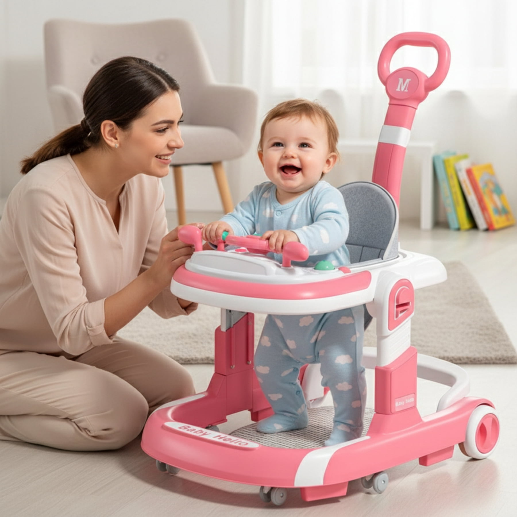 PUEDO 5-in-1 Foldable Baby Walker with Foot Pads/Handles for Boys and Girls 6-36 Months, Pink