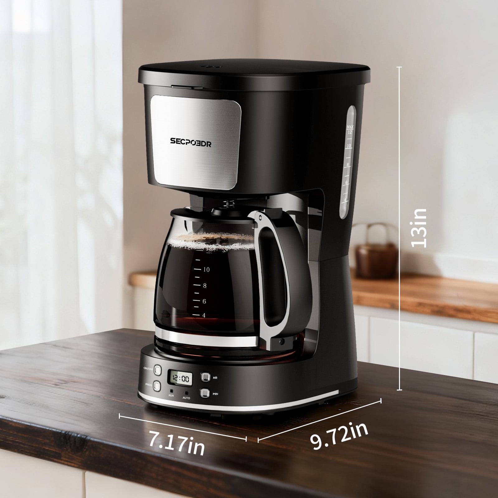 SECPOEDR 12 Cup Drip Programmable Coffee Maker, Easy Pour, Non-Drip Carafe with Removable Filter Basket for Kitchen, Office Black