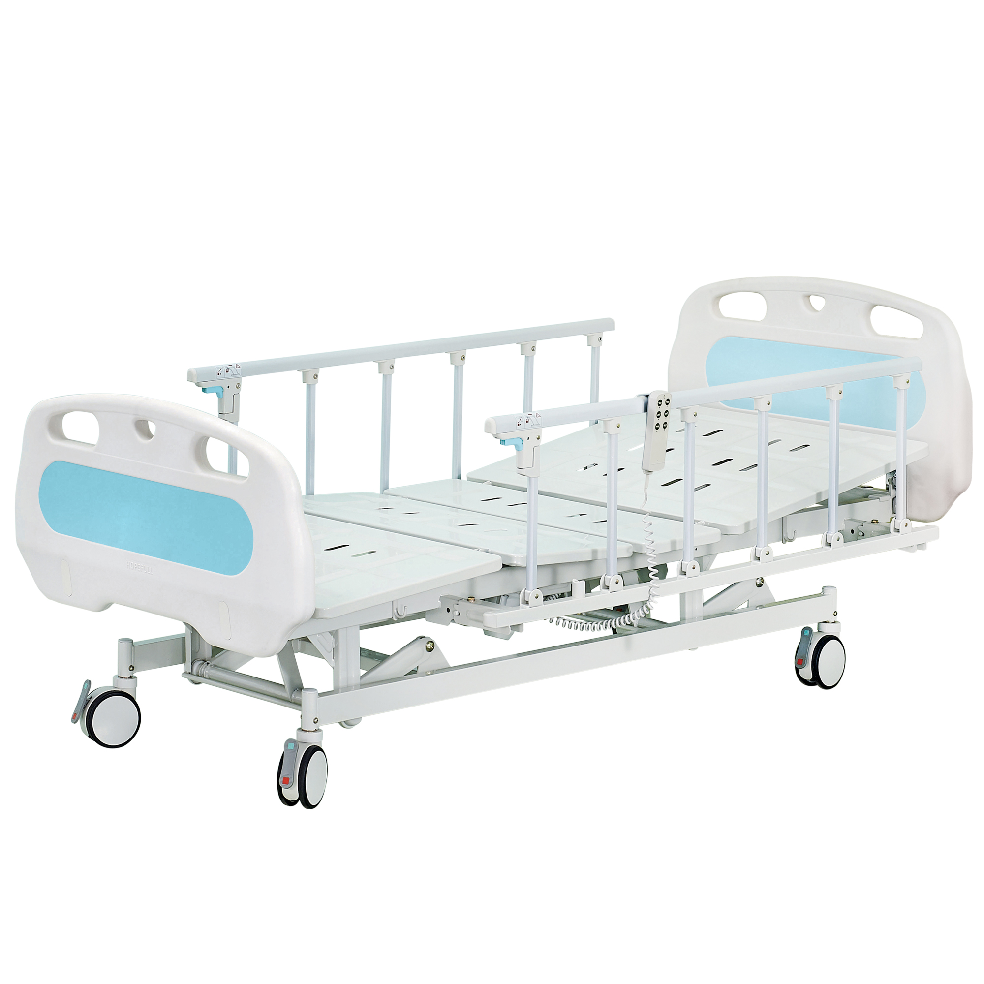 Premium 3 Function Hospital Bed, 5" Alumium casters with individual breaks locking system, Metal