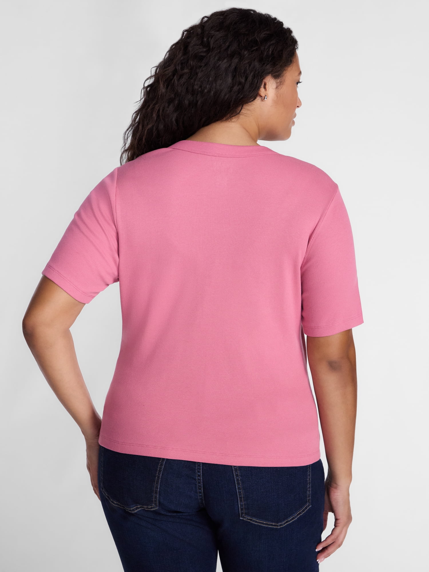 Terra & Sky Women's Plus Ribbed Henley Top with Short Sleeves, Sizes 0X-5X