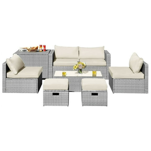 Resenkos 8 Pieces Patio Rattan Furniture Set with Storage Waterproof Cover and Cushion-Off White, Patio Seating Conversation Set, Modern Patio Sofa Sectional All Weather Proof for Patio Back Deck