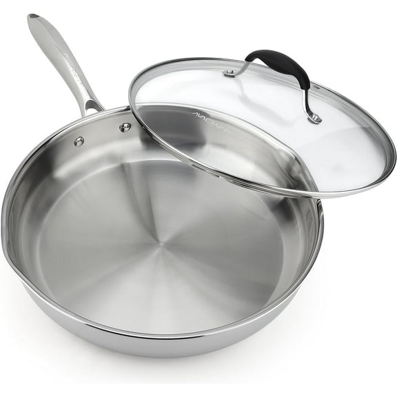 AVACRAFT 10 Inch Tri-Ply Stainless Steel Frying Pan with Lid, Side Spouts, Induction Pan, Versatile Stainless Steel Skillet, Fry Pan in our Pots and Pans (Tri-Ply Stainless steel,10 Inch)
