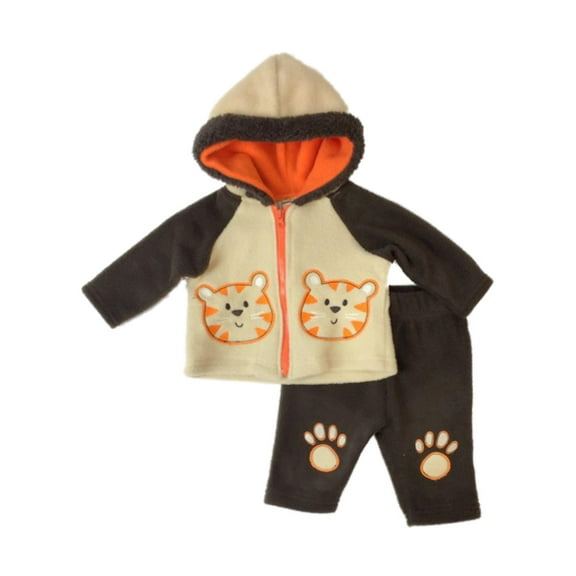 Infant Boys Baby Outfit Brown Fleece Tiger Hoodie Jacket & Sweat Pants Set NB