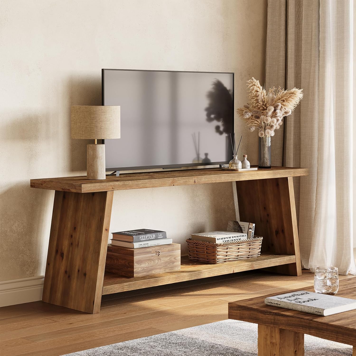Finmind 2-Tier Solid Wood TV Stand, 63 inch Farmhouse Media Console for 55/60/65 inch TV, Entertainment Center with Storage  for Lving Room, Bedroom