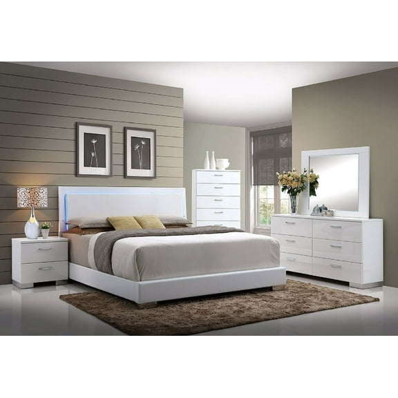 Esofastore Contemporary 4-Piece Bedroom Furniture Set Queen Bed High Gloss White