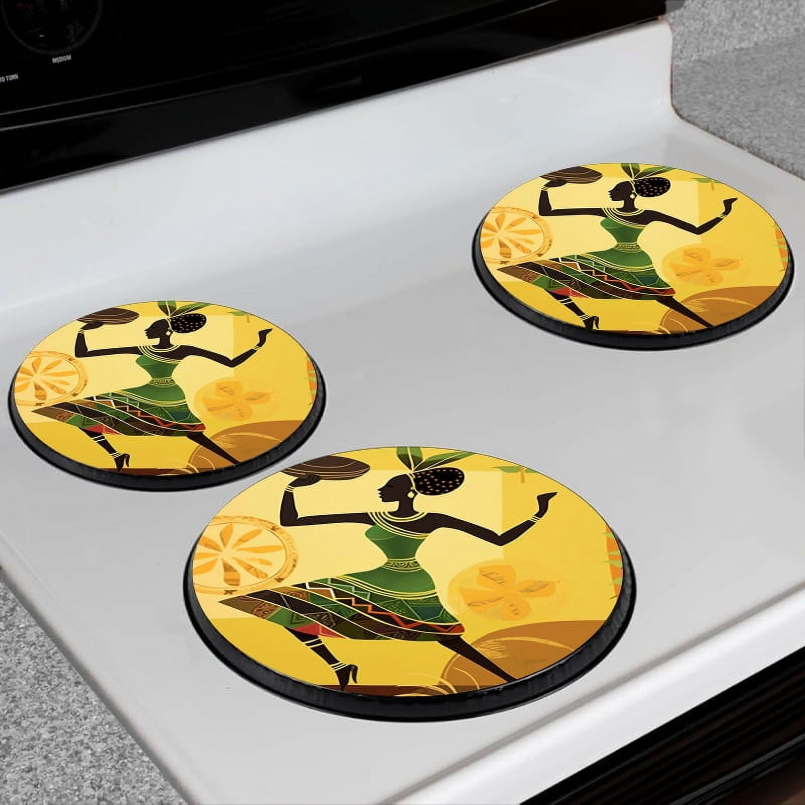 BaHomeck Electric Stove Burner Covers Set of 4,Round Metal Gas Stove Burner Covers 8 Inch and 10 Inch,Kitchen Decor,African Woman Dancing And Holding Food Bowl In Hand