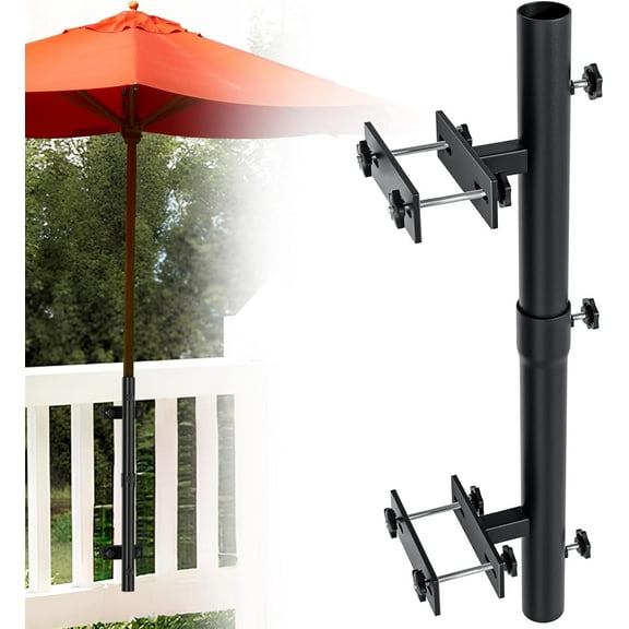 Heavy-Duty Patio Umbrella Holder for Deck Railing - Stainless Steel Windproof Outdoor Patio Umbrella Base and Mount Brackets Attachable to Railing, Fits ≤1.6'' Pole & <3.3" Post - Space Saving, Black