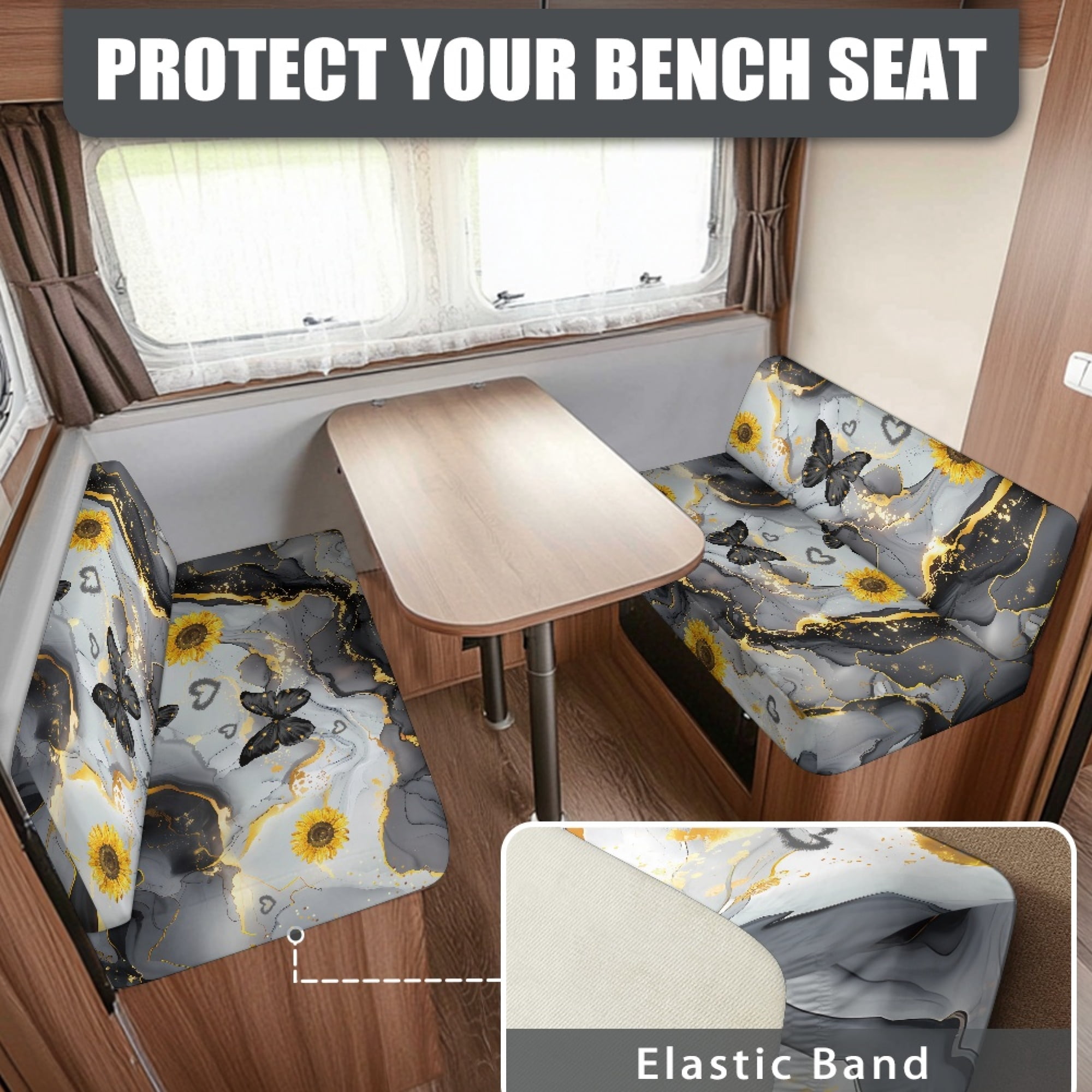Yuyamidu Gray Marble Print RV Dinette Cushion Covers Butterfly RV Dinette Cushion Slipcover Sunflower RV Camper Couch Cushion Covers RV Dinette Cushions Replacement