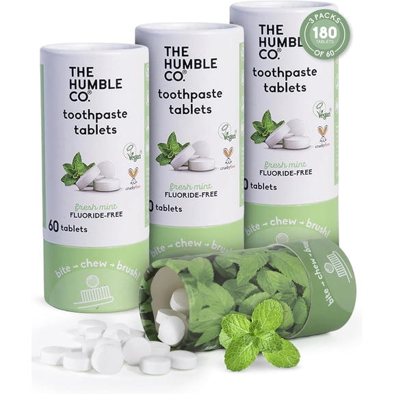 The Humble Co Fluoride-Free Chewable Toothpaste Tablets, Travel-Friendly Dental Care, Fresh Mint, Pack of 3, 180 Count