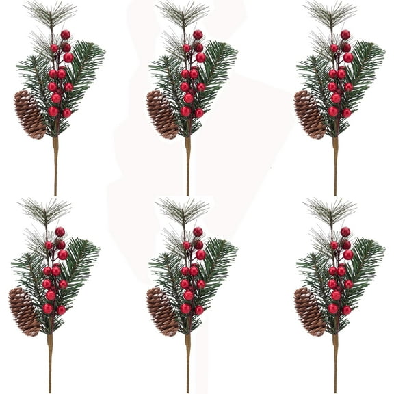 Christmas Artificial Picks Pine Cones Branch, 10" Red Berry Stems Pine Branches Holly Leaves for Christmas Floral Arrangement Wreath Winter Holiday Season Xmas Decor, Set of 6
