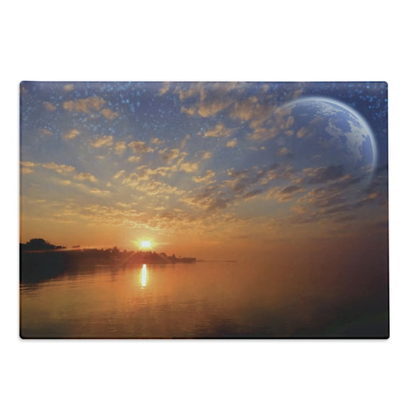 Space Cutting Board, Exquisite Skyline with Planet Reflection and Sunrise on the Backdrop Galaxy Design, Decorative Tempered Glass Cutting and Serving Board, Large Size, Orange Blue, by Ambesonne