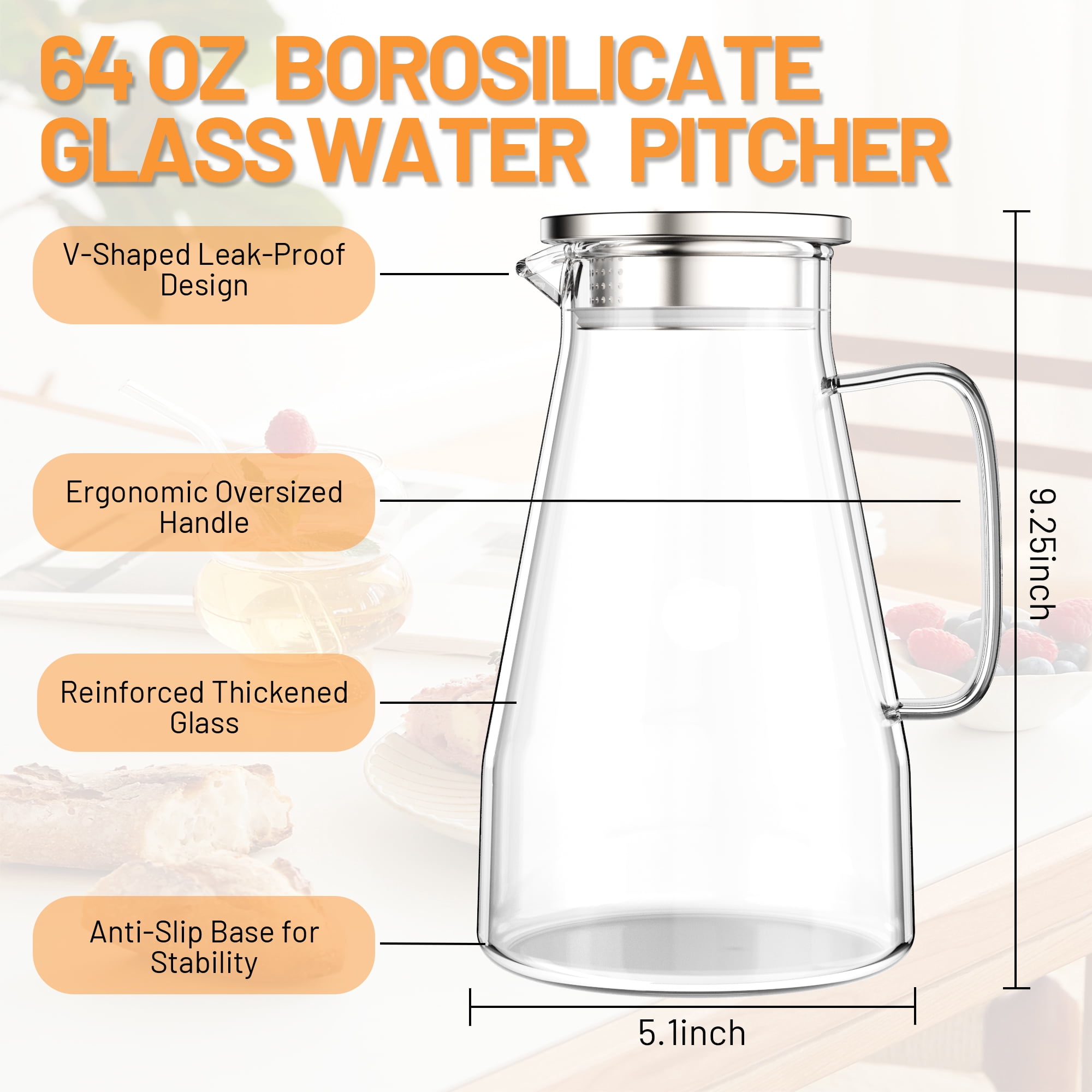 64 oz Glass Pitcher with Lid, Easy Clean Water Pitcher, Ice Tea Pitcher for Fridge, Glass Pitchers with Handle and Lid for Cold Brew, Iced Tea, Juice, Milk, Hot/Cold Beverages