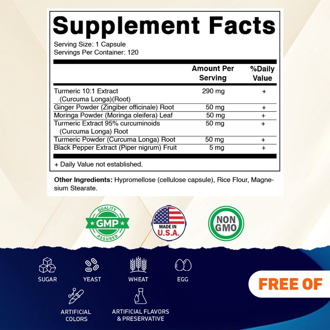 (3 pack) Vitamatic Turmeric Curcumin Supplement – Plant-Based Botanical Extract with Black Pepper, Ginger & Moringa – Vegetarian, Non-GMO, Gluten-Free – 120 Capsules