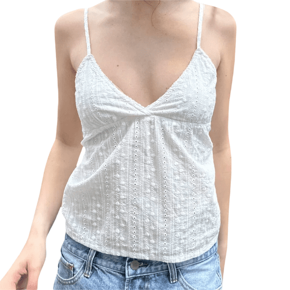Women's Eyelet Embroidery Tank Top Deep V Neck Spaghetti Strap Cami Tops Summer Tops