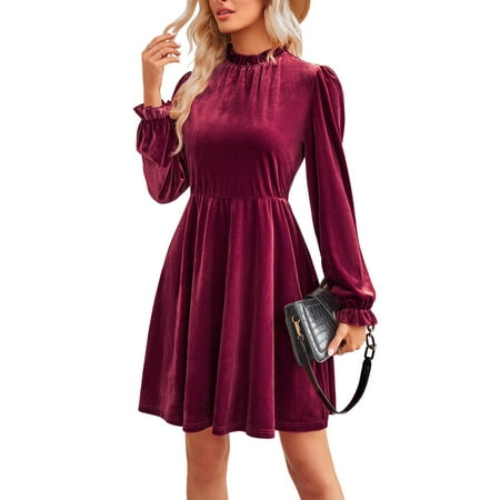Olyvenn Womens Elegant Outing Tunic Midi Dress Flared Long Sleeve Prom Dress Fashion Velvet Elegant Solid Color House Dress Ruffle Mock Neck Pleated Swing Comfy Loose Casual Smocked Wine 6