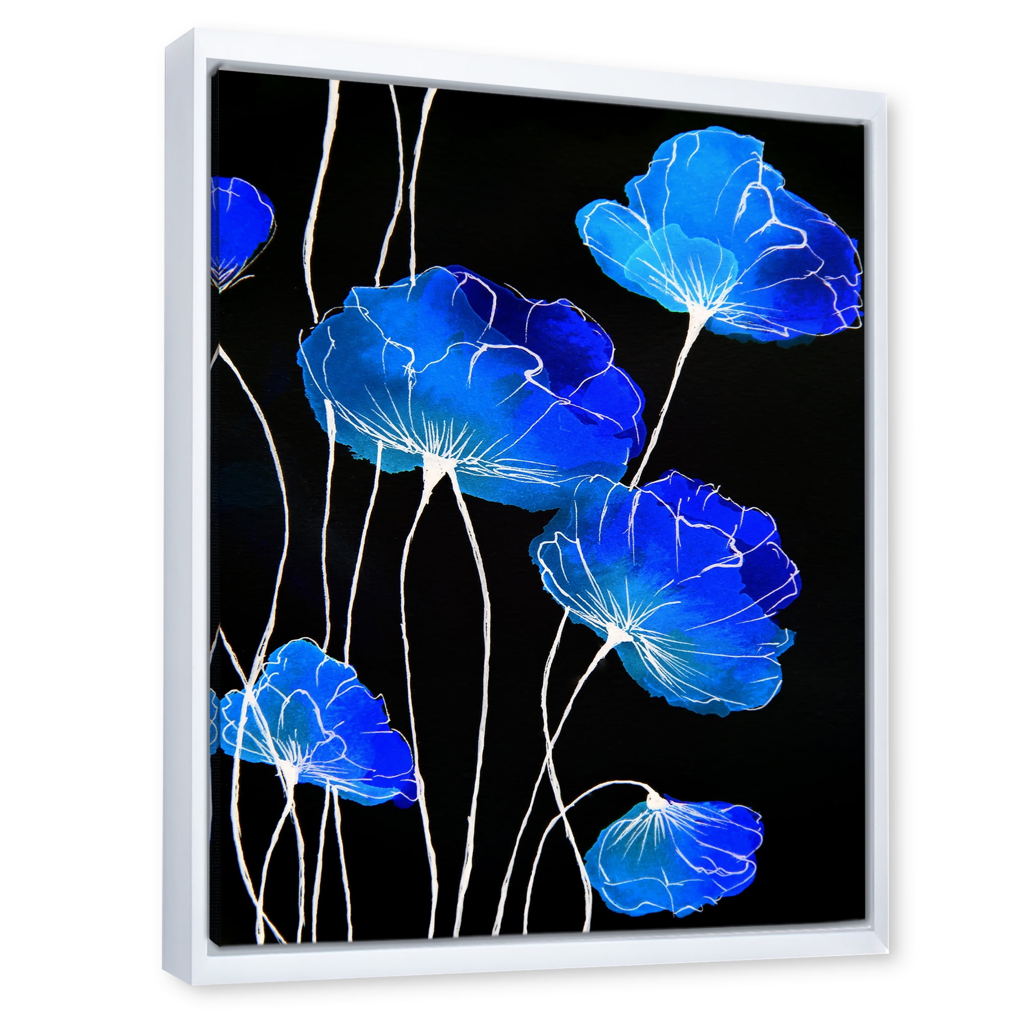Detail of Blue Flowers On Black Background II 24 in x 32 in Framed Painting  Canvas Art Print, by Designart 