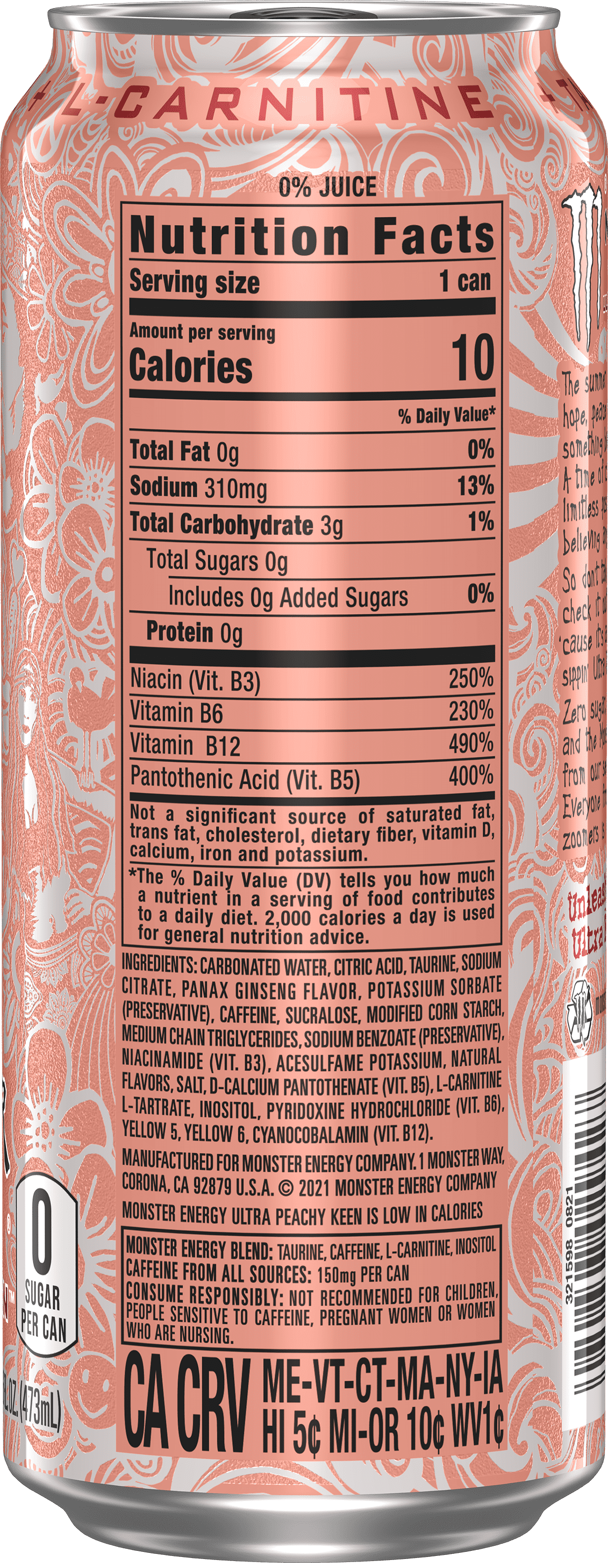 Monster Energy, Ultra Peachy Keen, 16 fl oz-Pack Of 6