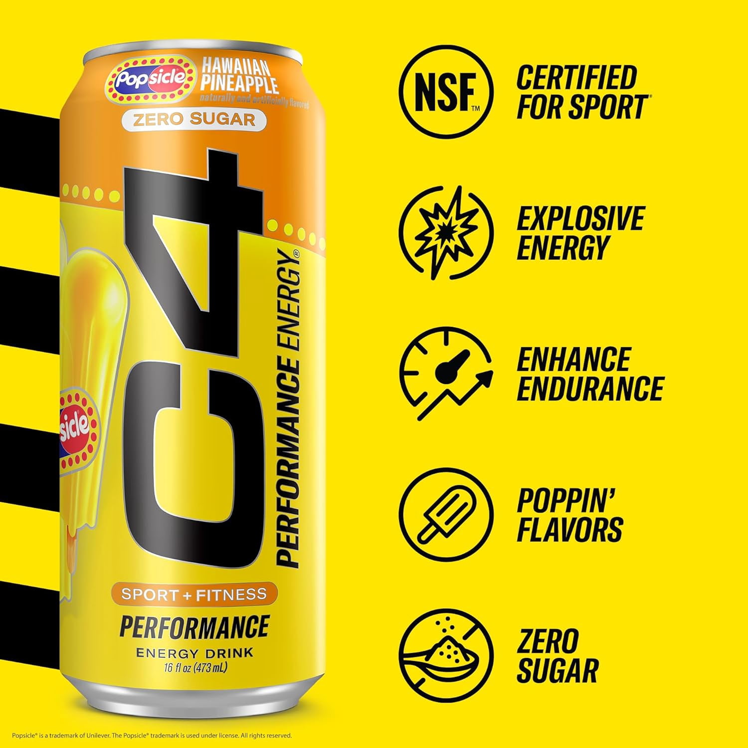 C4 Performance Energy Drink, Hawaiian Pineapple Popsicle Flavor, Zero Sugar, Carbonated, 16 oz can (12 Pack)