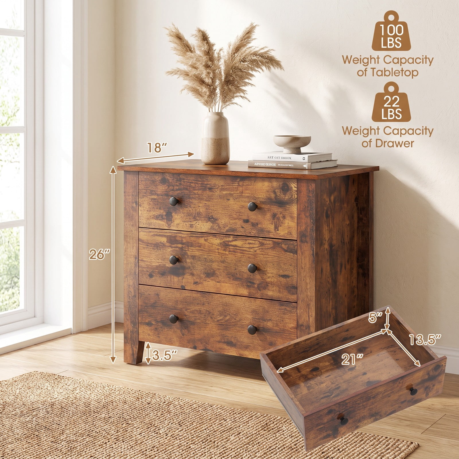 Furnibear 3 Drawer Dresser Chest of Drawers Bedside Table for Bedroom Closet Living Room Nursery Clothes Storage, Rustic Brown