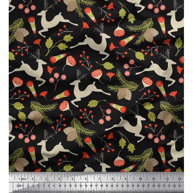 Soimoi Silk Fabric Leaves & Reindeer Animal Printed Fabric 1 Yard 42 Inch Wide