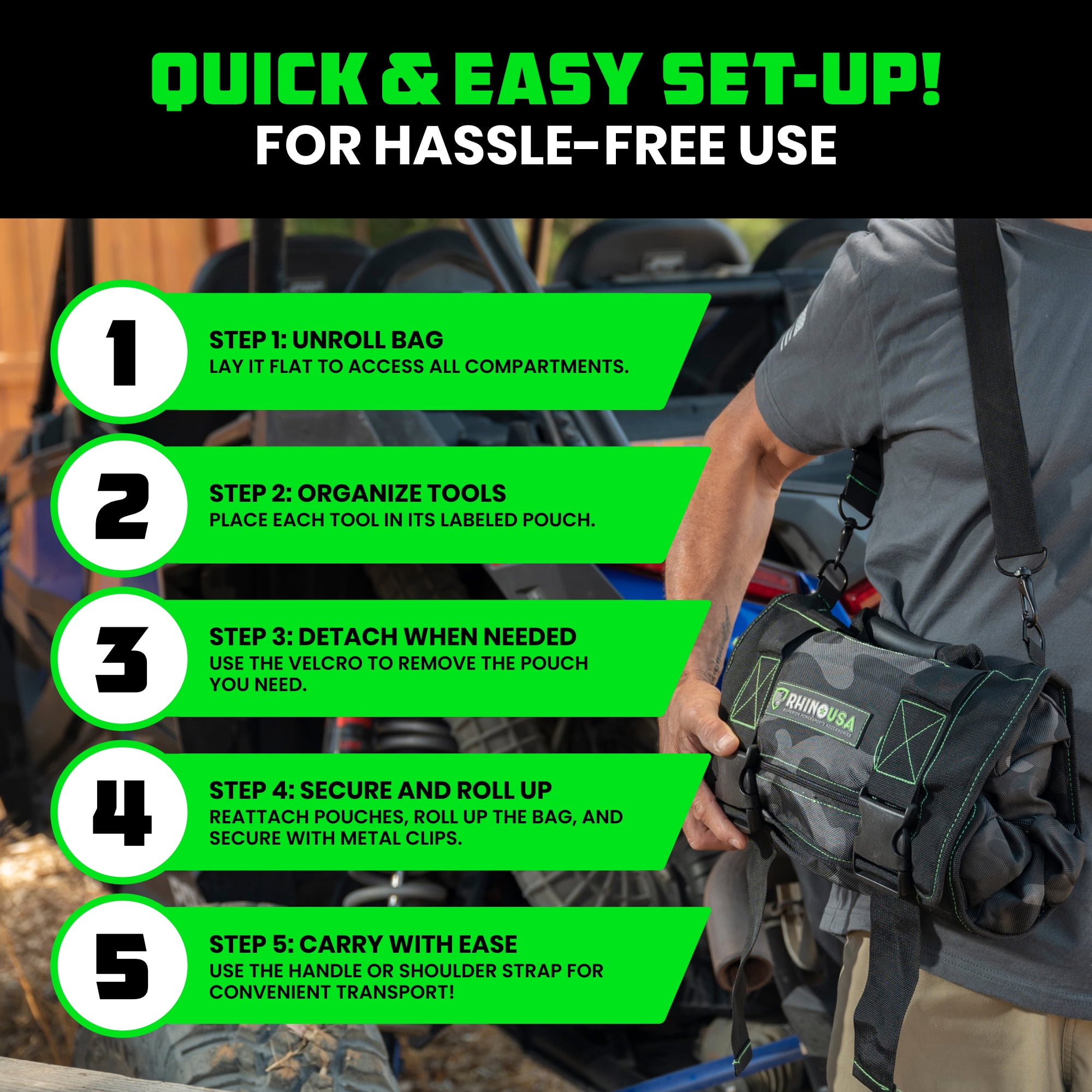 Rhino USA Tool Bag Roll - Heavy Duty Canvas Organizer Pouch for Tools - w/ Labeled & Removable Pouch