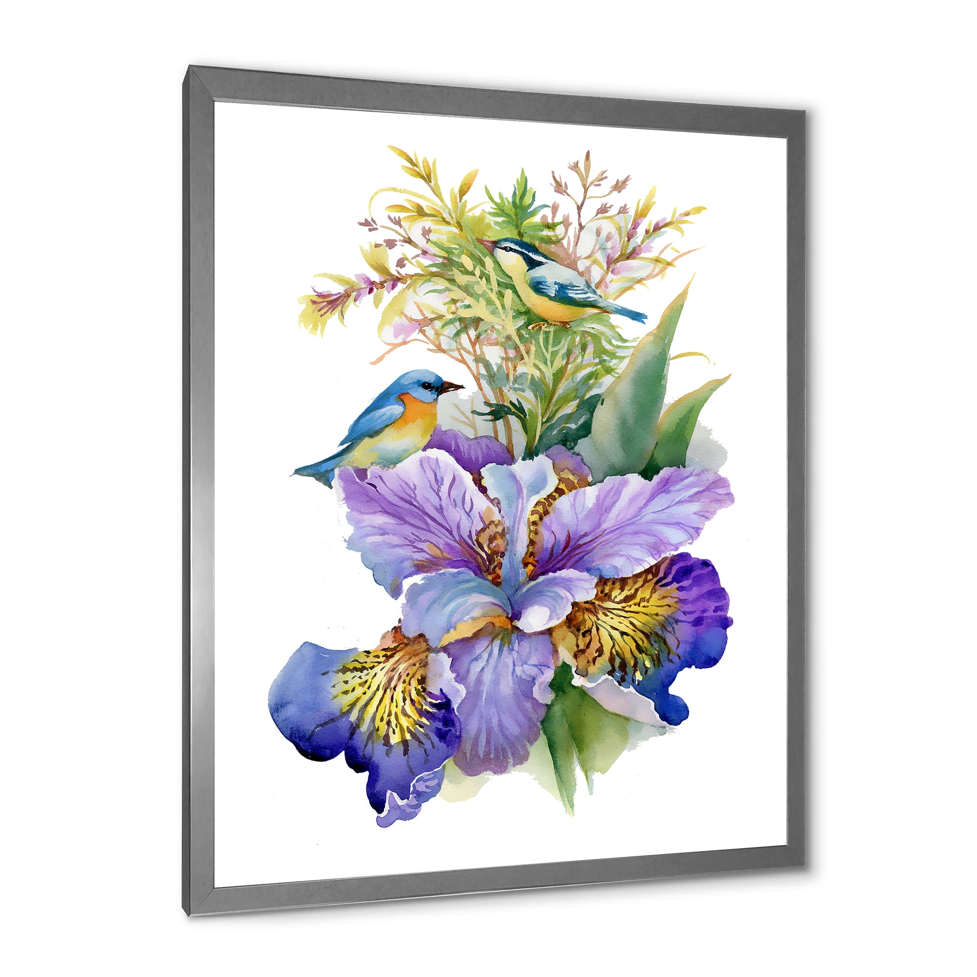Designart 'Birds With Purple Iris' Traditional Framed Art Print