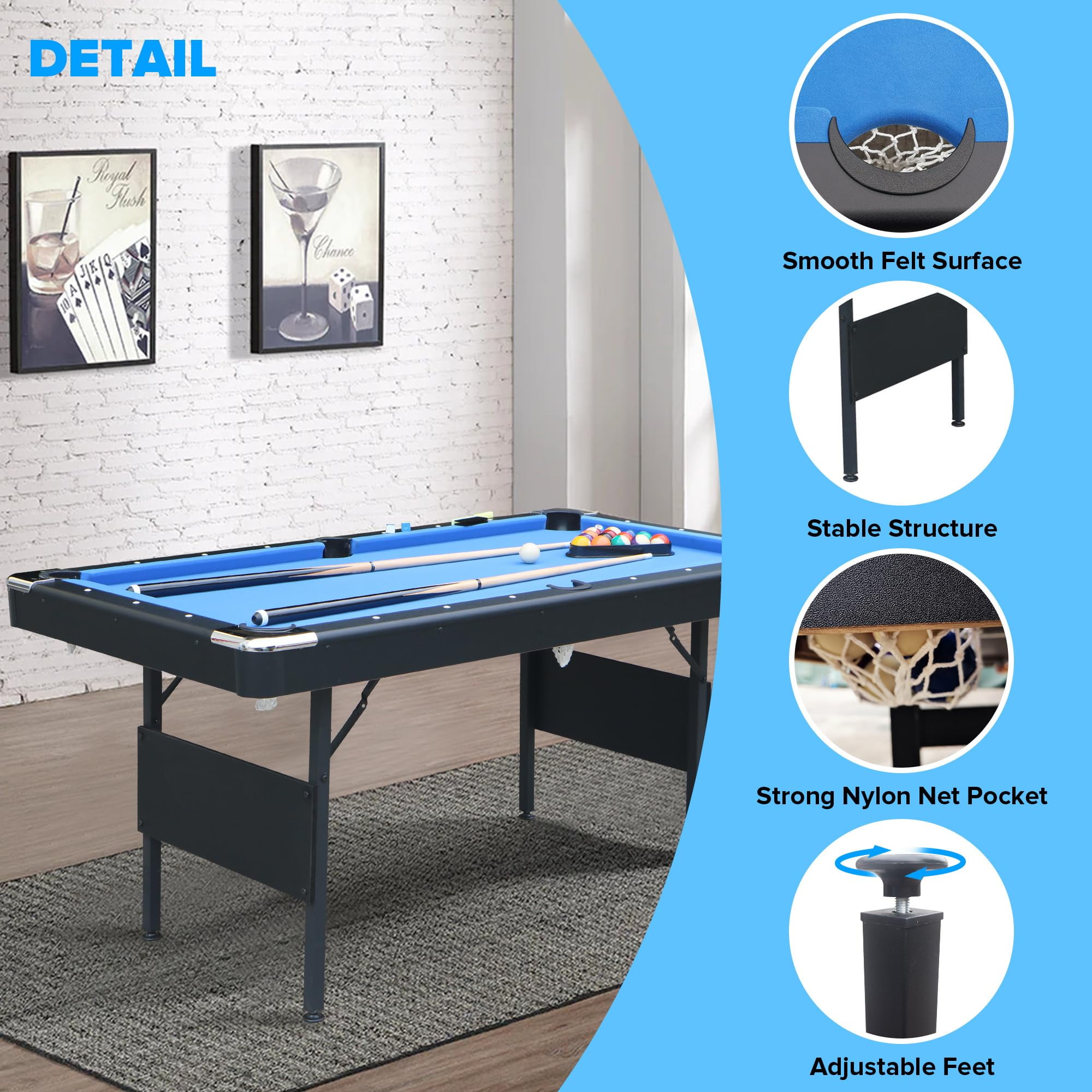 Miniyam 5.5ft Folding Pool Table, Portable Billiards Game Table with Accessories for Families, Sky Blue