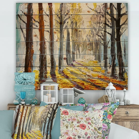 Designart 'Morning Glow Through The Autumn Trees' Lake House Print on Natural Pine Wood