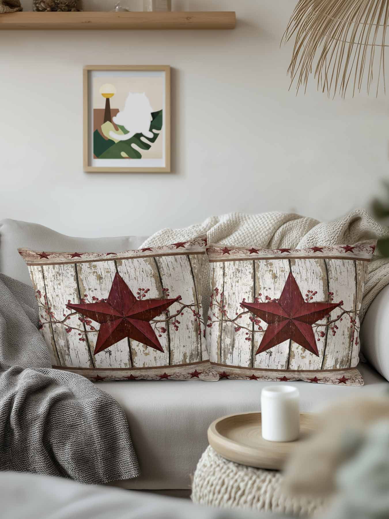 Outdoor Pillows Waterproof, Red Texas Star Vintage Bedding Throw Pillows with Insert for Couch Sofa Bed, Farmhouse Berry Grey Wooden 16x16 Inch Pillowcases Decorative Camping Patio Pillow Set of 1