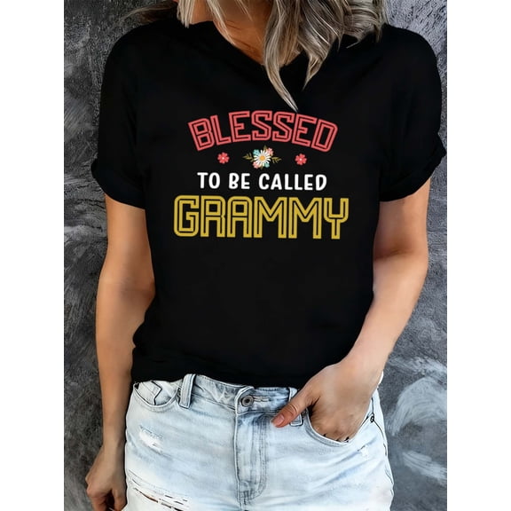Blessed To Be Called Grammy Women's Retro Floral Graphic T-Shirt Casual Short Sleeve Grandmother Gift Top Black