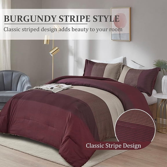 Burgundy Comforter Set King, Reversible Burgundy Stripe Down Alternative Comforter for All Season, 3 Pieces(1 Comforter 2 Pillowcases), Soft Microfiber Bedding Duvet Set 104”×90”
