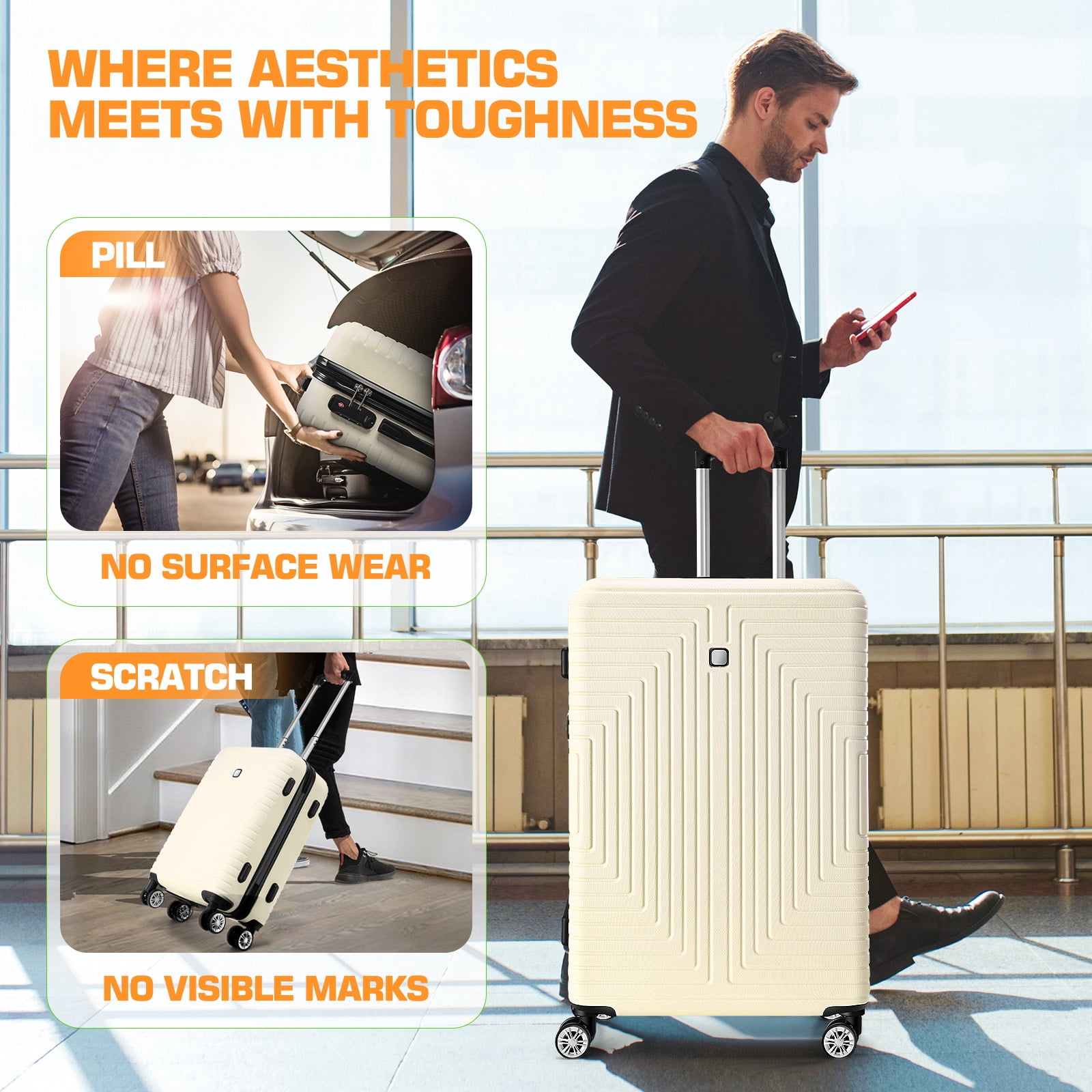 SANOPY 5 Piece Luggage Set(20/24/28) , Hardside Lightweight ABS+PC Suitcase Set with Expandable Duffel Bag + Toiletry Bag, Spinner Wheels and TSA Lock, Beige