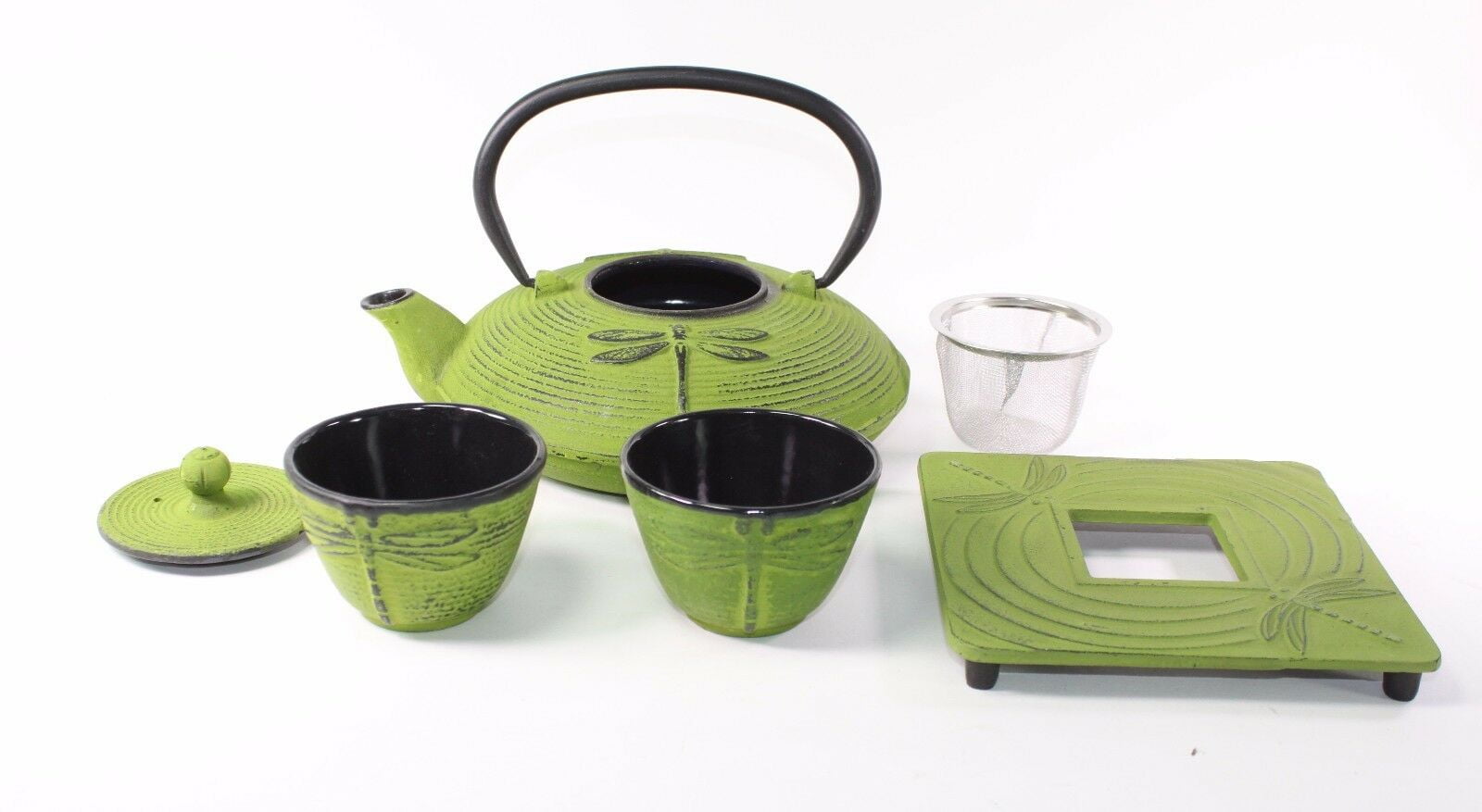 Japanese Dragonfly Cast Iron Tea Teapot Kettle Cups Trivet w/ Strainer Gift Set 