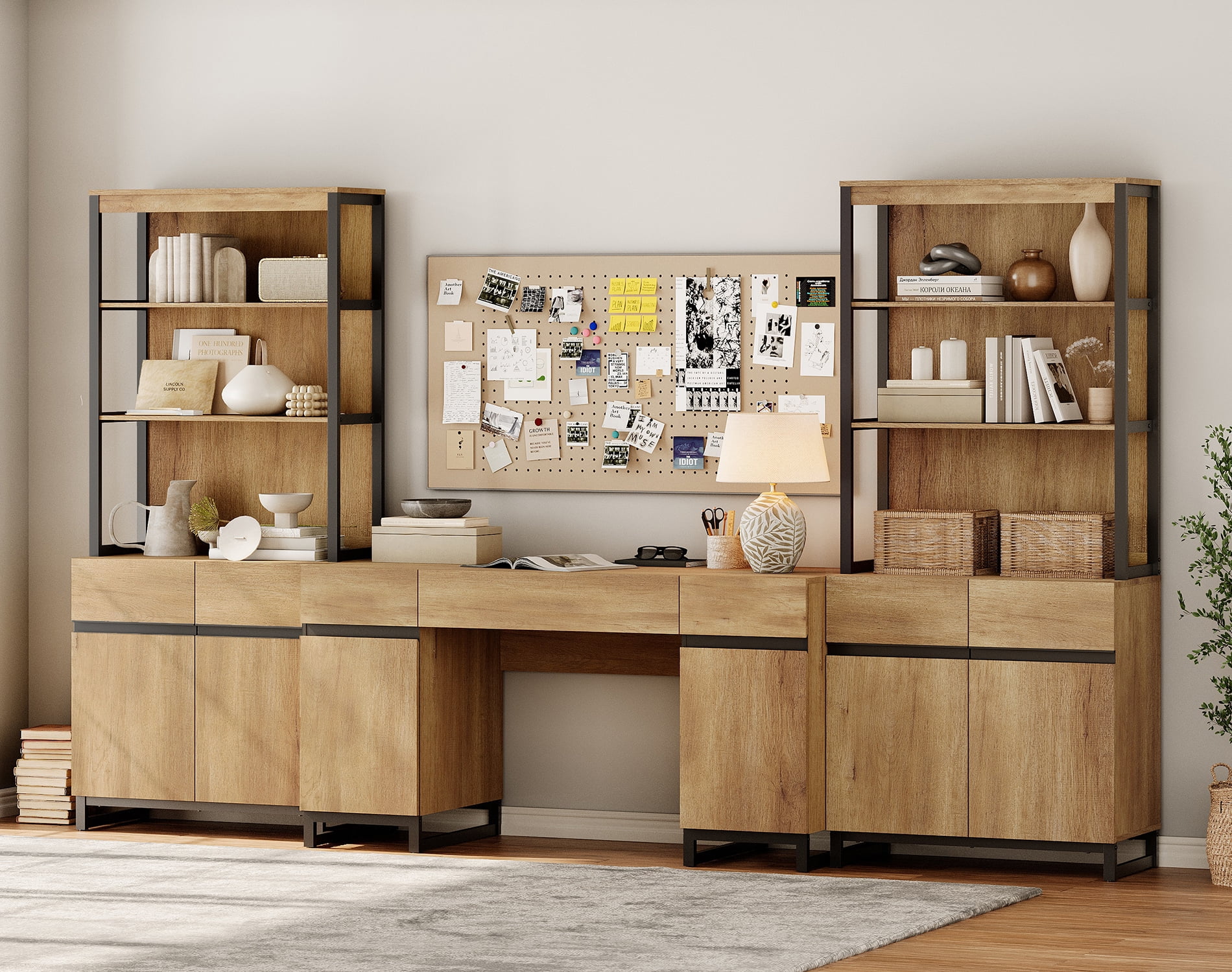 WAMPAT Home Office Set: 59" Modern Desk with Charging Station and Storage Cabinet, 72" Tall Bookcases with Adjustable Shelves, Wood Computer Desk and Library Storage Cabinet for Work Study, Oak