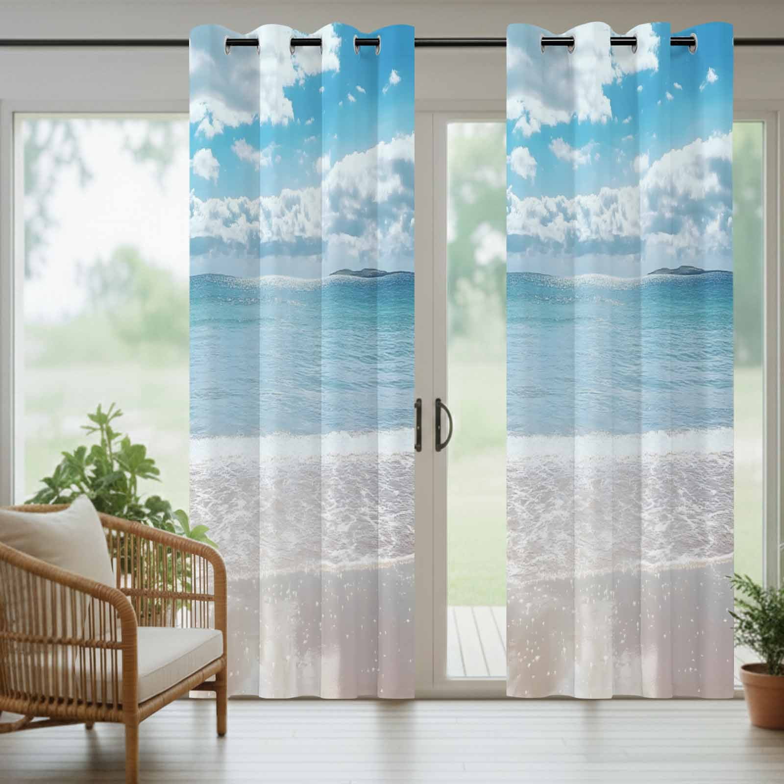 Ocean Beach Outdoor Curtains for Patio Waterproof,Windproof Privacy Curtains with Weighted Bottom,Natural Blue Sea Waves Sky Cloudy Scenery Outside Drapes for Picnic Garage Yard 54"x84" 2 Panel