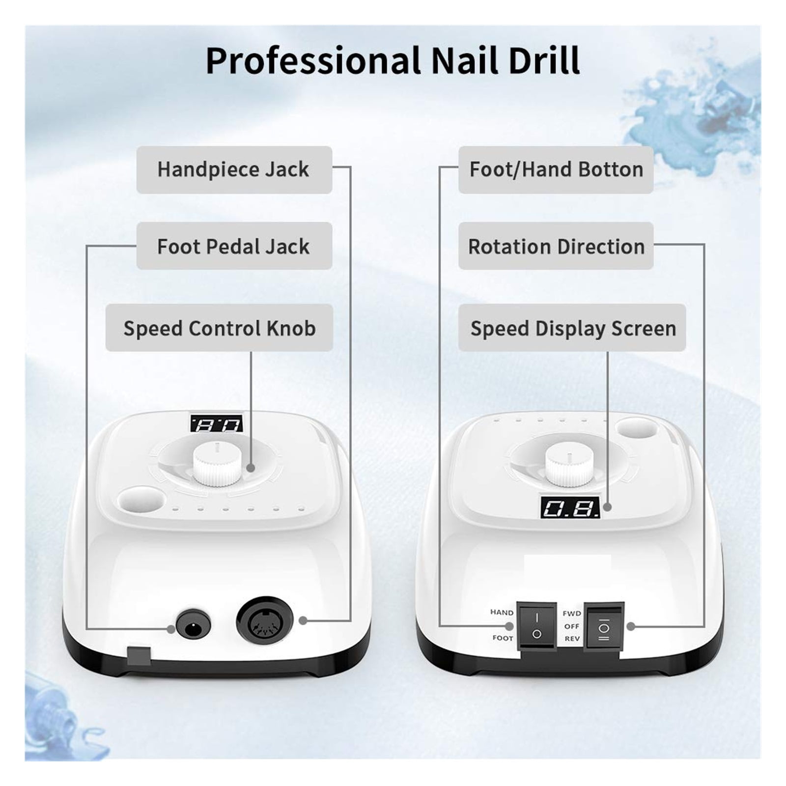 Electric Nail Drill Machine Kit With Foot Pedal For Acrylic Nails, Gel Nail Art Polisher, Professional Nail File Manicure ,Lightweight and Portable