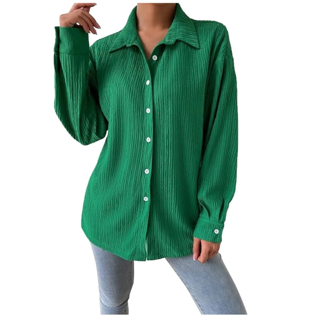 Besolor Button Down Tops for Women Casual Lapel Long Sleeve Shirts Loose Lightweight Solid Color Spring Blouse