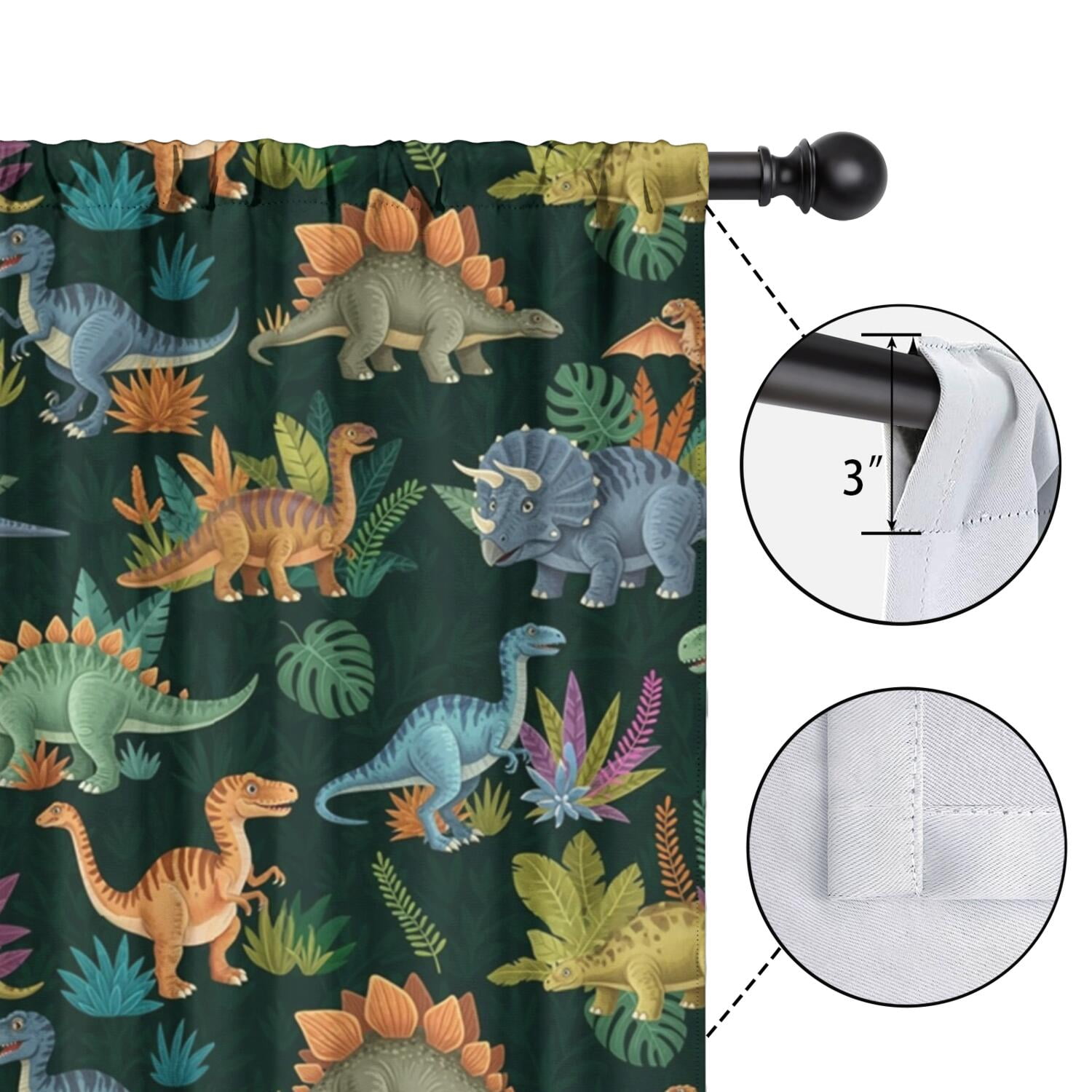 Blackout Kids Curtains,DarkGreen Cartoon Dinosaurs Jungle Pattern Childrens Insulated Curtains Set Of 2,Bedroom Essentials,Toddler Room Decor 42"x63"