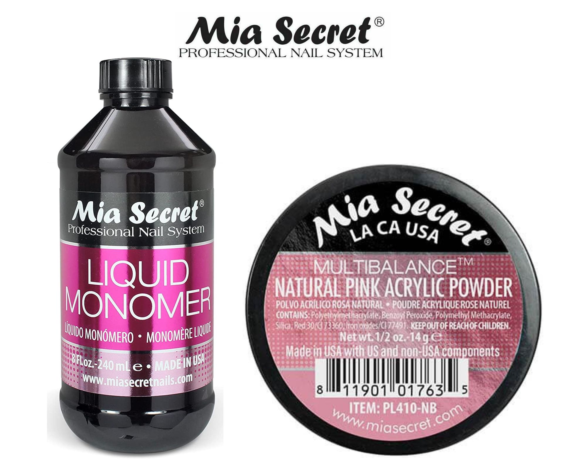 Mia Secret Liquid Monomer 8 oz and NATURAL PINK Powder 0.5 oz