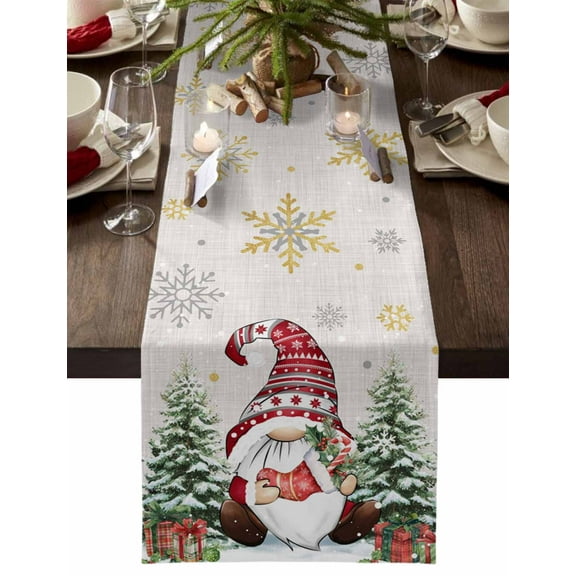 Christmas Table Runner Pine Tree Gnome Table Runners Linen Winter Snowflake Cotton Linen Dresser Scarf Kitchen Dining Table Decor for Christmas Holiday Party Decor 13x36 Inch