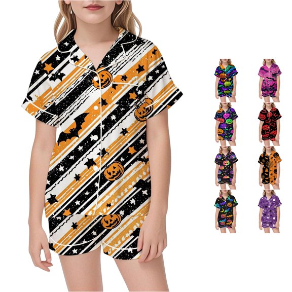 JAJAHO Girls Halloween Pajamas Short Sleeve Sleepwear Spooky Button Down 2 Piece Pjs For Kids 3-14Y