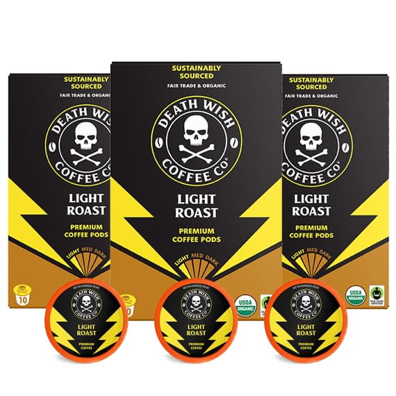 Death Wish Coffee, Organic and Fair Trade, Light Roast Coffee Pods (30 Count)