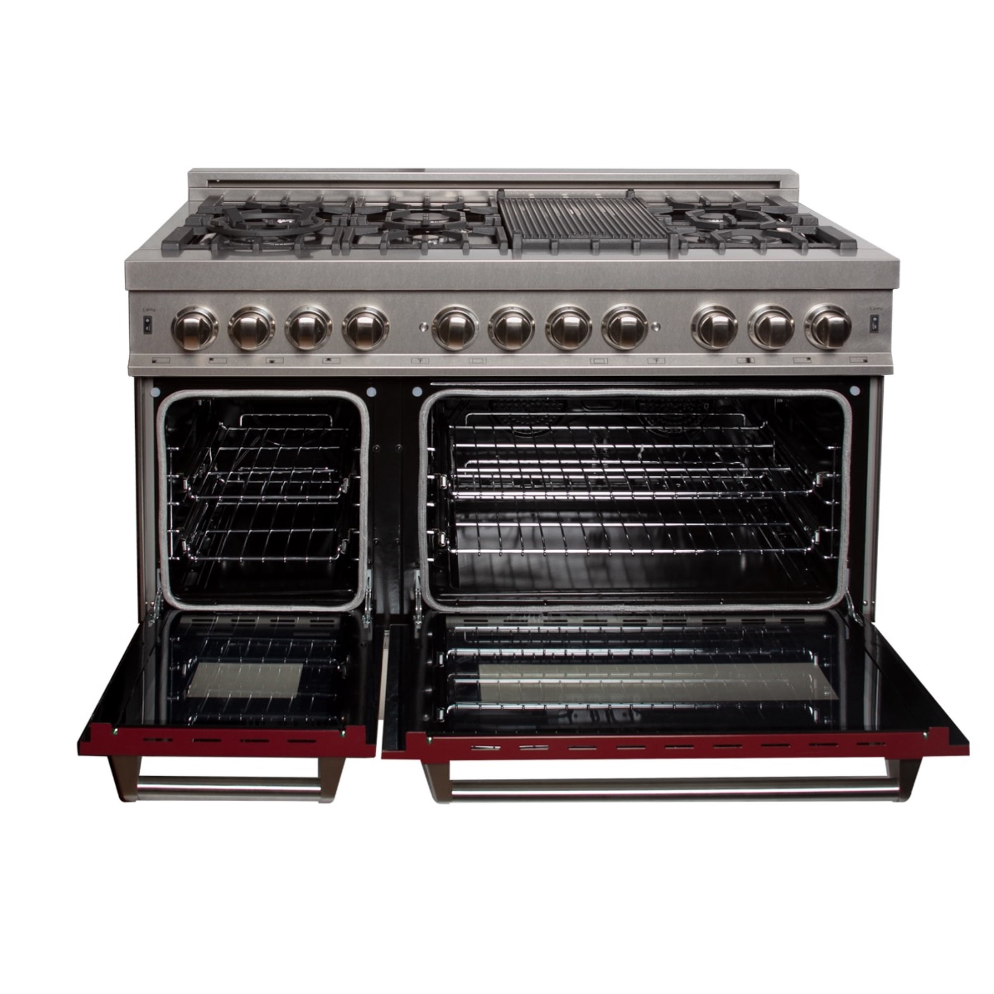 ZLINE 48 in. Professional Dual Fuel Range in DuraSnow Stainless Steel with Red Gloss Door (RAS-RG-48)