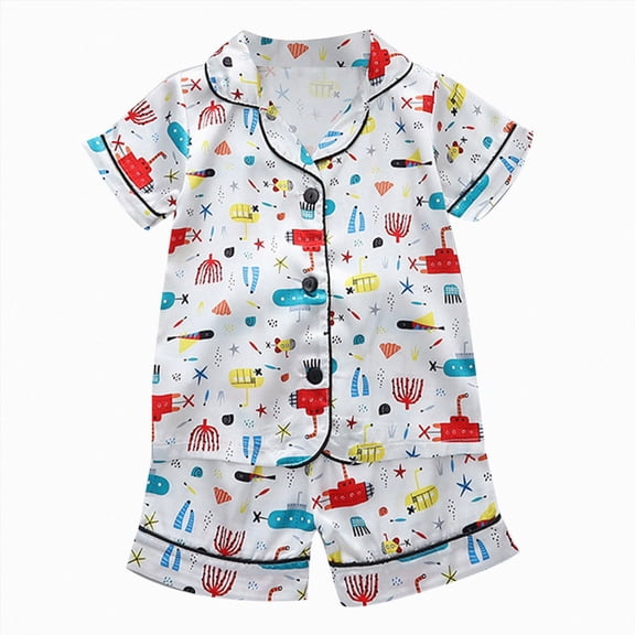 WUANDIXFA Girls Pajamas Set Boys Girls Satin 2-Piece Pajama Set Short Sleeve Button-Down Sleepwear & Loungewear,Red,3-4 Years