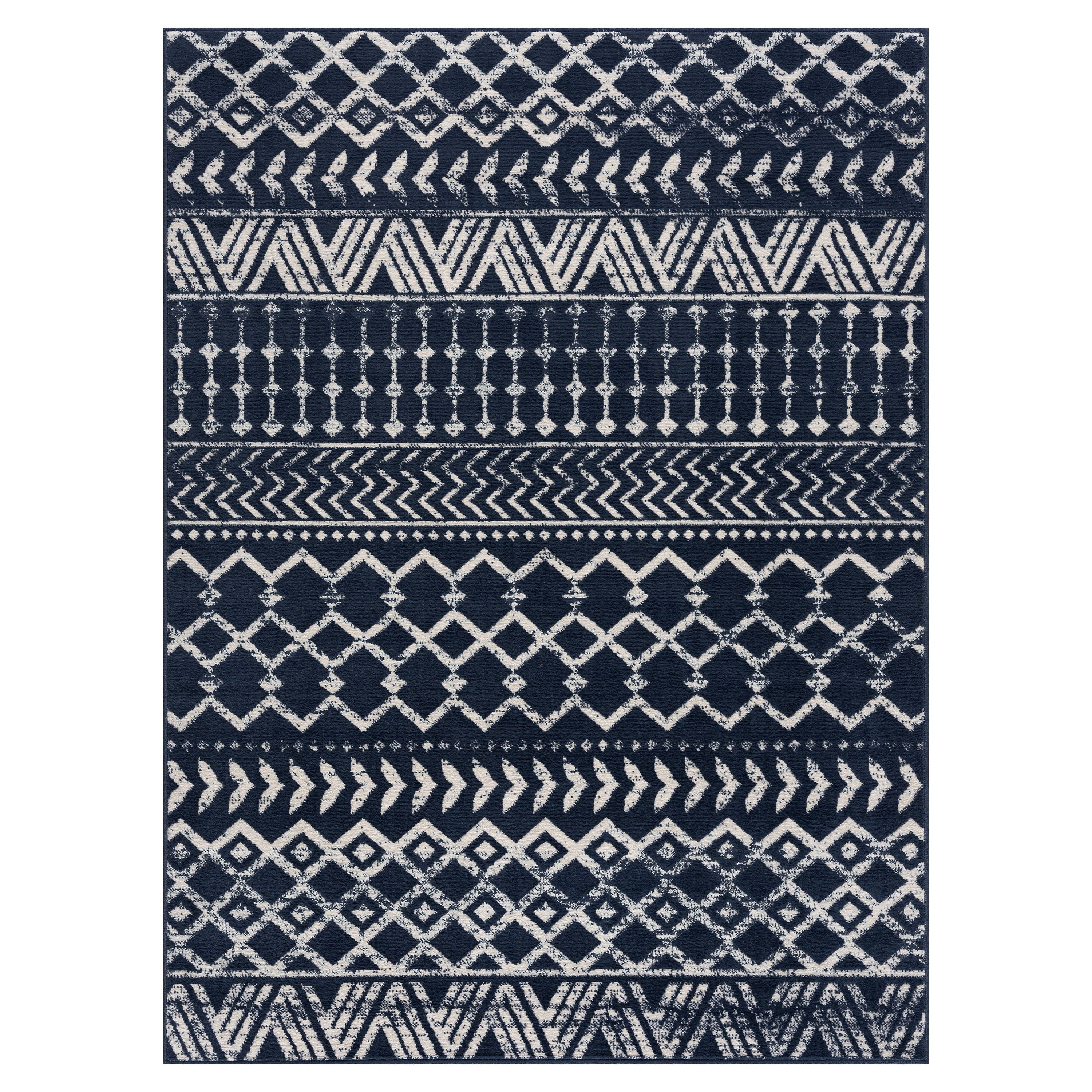 CAMILSON Crystal Navy Blue Area Rug 5'x7' Oval Boho for Living Room Bedroom Dining Room Navy Blue / Cream Indoor Area Rugs