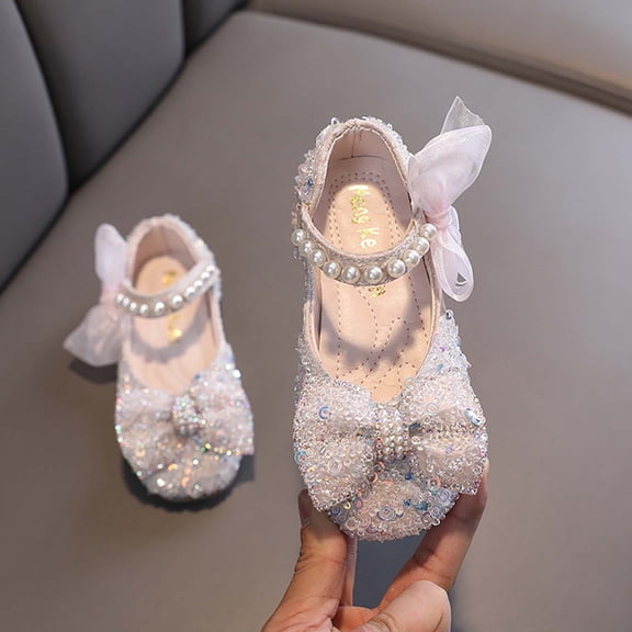 Girl Mary Simple Shoes Bow Water Diamond Princess Flat Shoes Wedding Party, Preschool and Middle aged Children