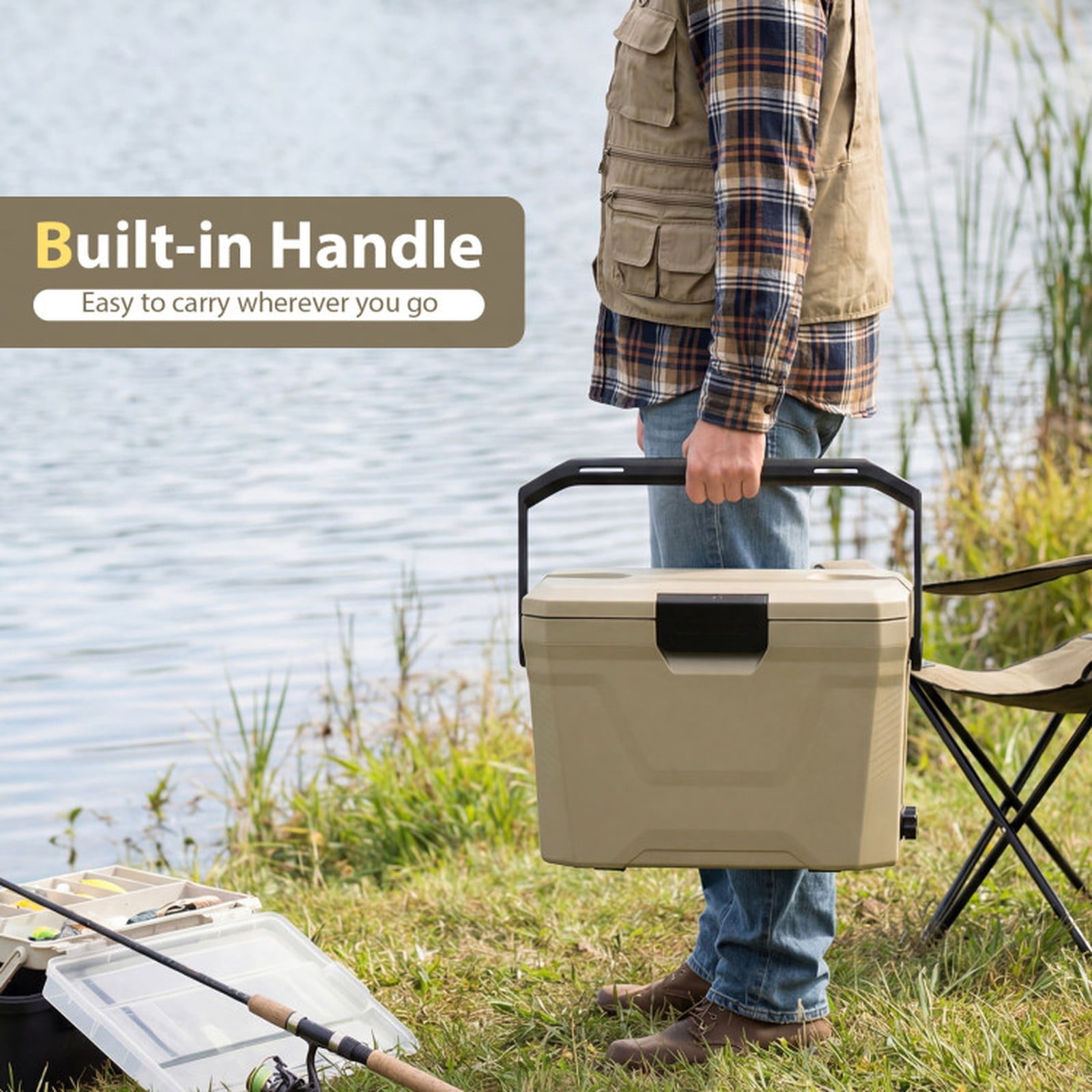 Biotree 21 Qt Insulated Portable Cooler Hard Shell Ice Chest with 2 Cup Holders, Off-White