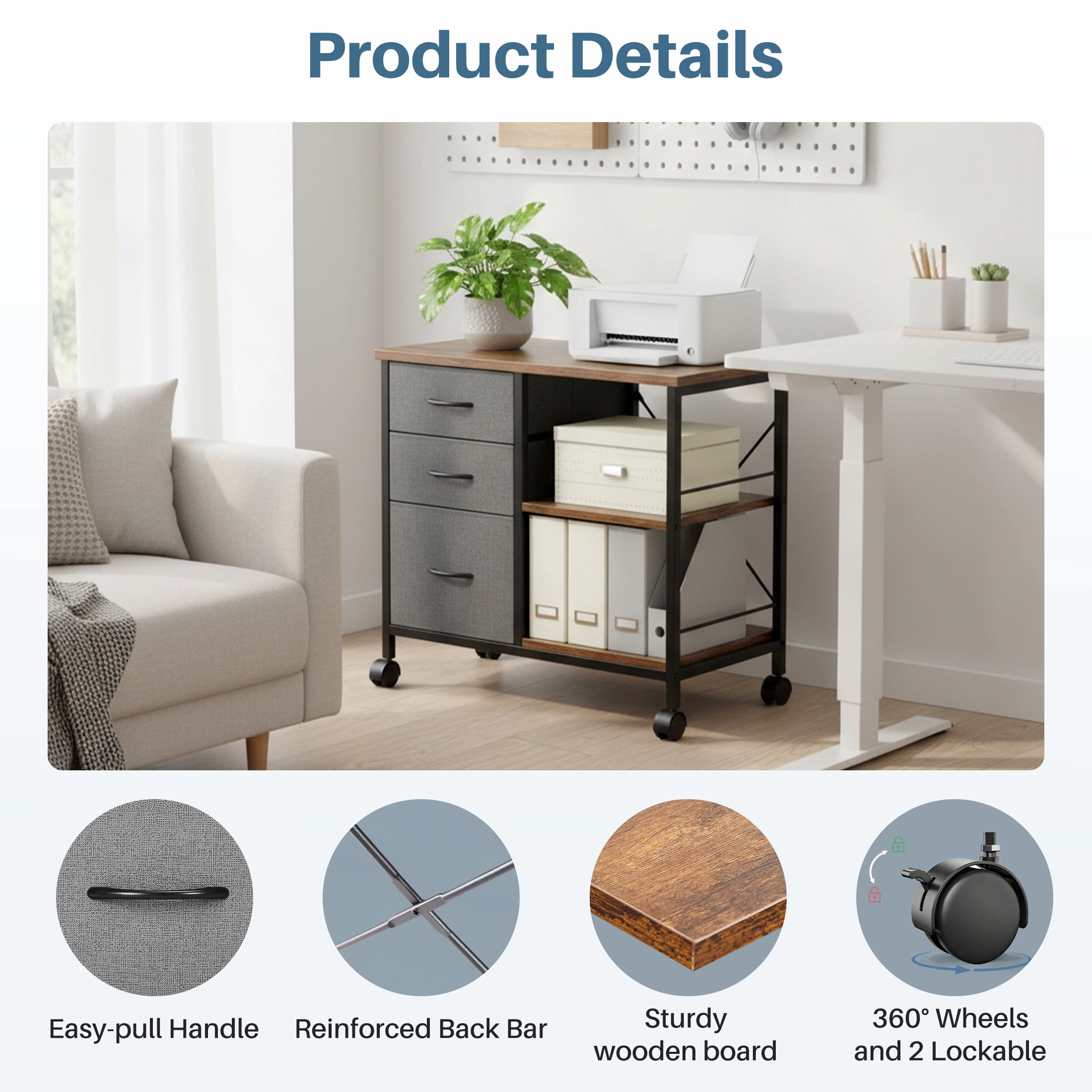 EDX 3 Drawer Mobile File Cabinet, Rolling Storage Cabinet with Open Storage Shelf, Fabric Lateral Filing Cabinet for Home Office, Rustic