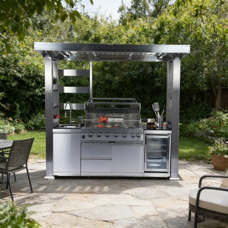 94-Inch 6-Burner 85000 BTU Deluxe Stainless Steel Gas Outdoor Kitchen Bar Barbecue Island Grill + Wine Cooler Compact Refrigerator + Rotisserie + Granite Countertops + Storage Cabinets & Drawers