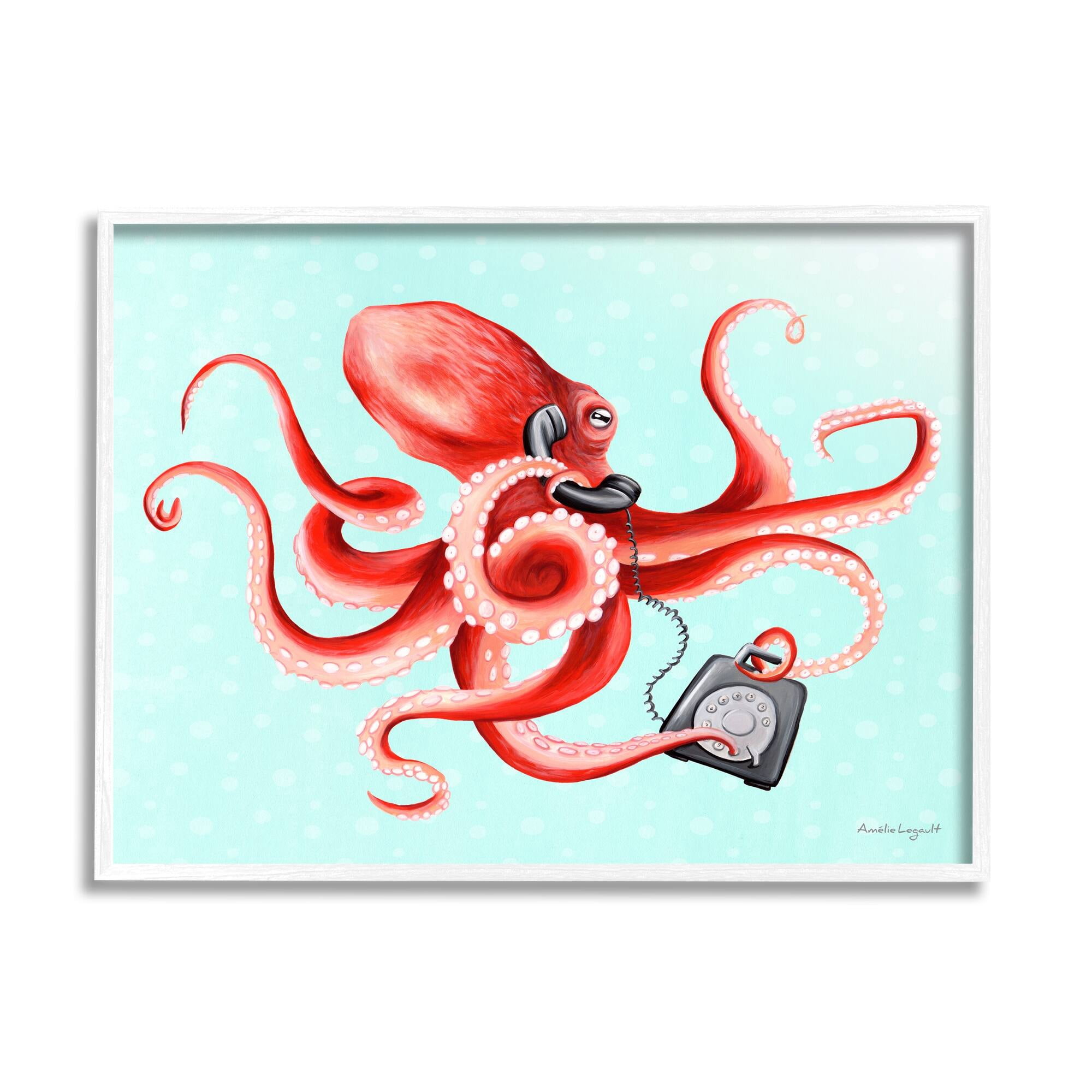 Stupell Industries Red Ombre Octopus Tentacles Retro Rotary Phone Graphic Art White Framed Art Print Wall Art, Design by Amelie Legault